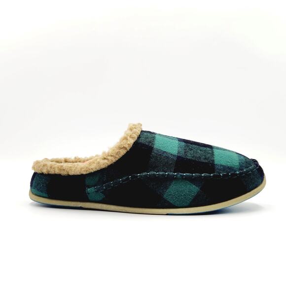 Deer Stags Men's Dark Green Plaid Woven Faux Fur Nordic Clog Slippers Size 8M - Picture 1 of 8